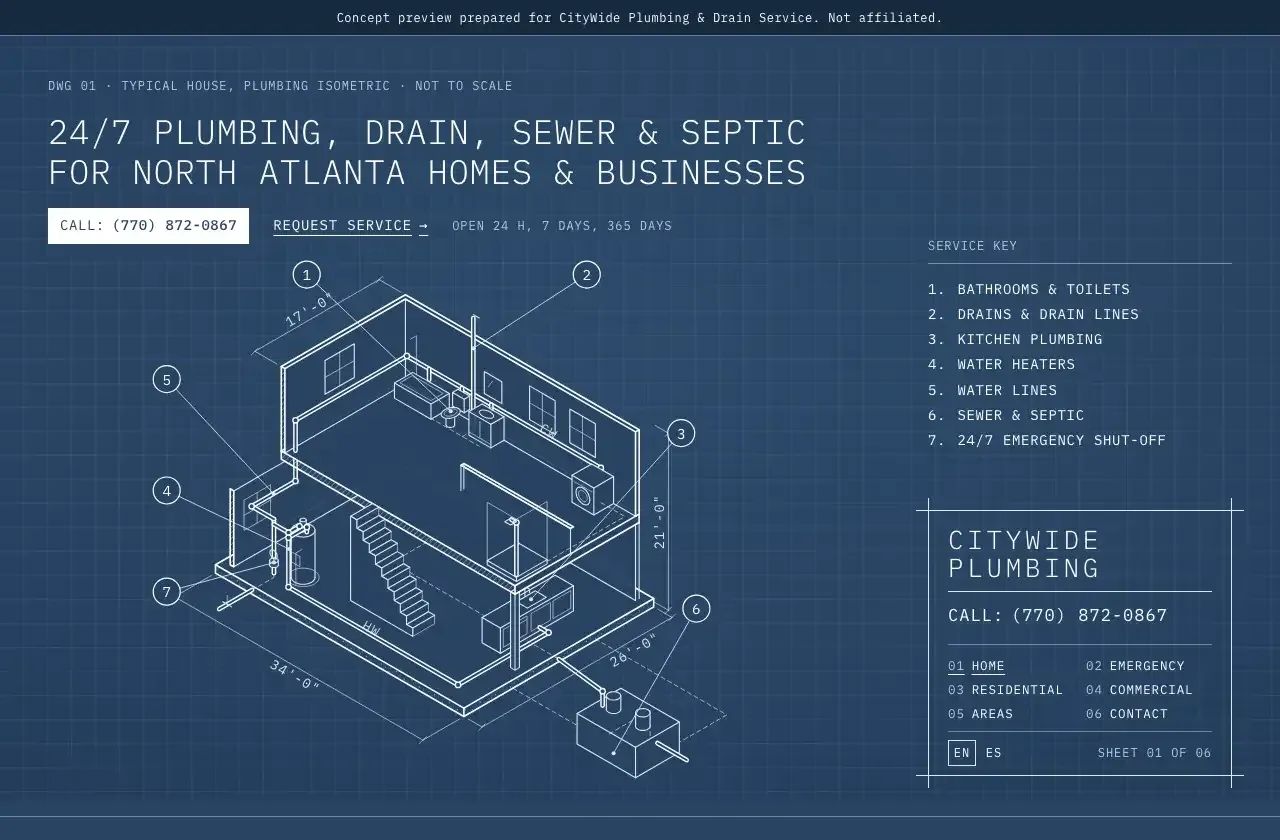 The live blueprint home page: an isometric drawing of a house’s plumbing with seven numbered callouts, a service key and the CityWide Plumbing title block on blueprint blue.