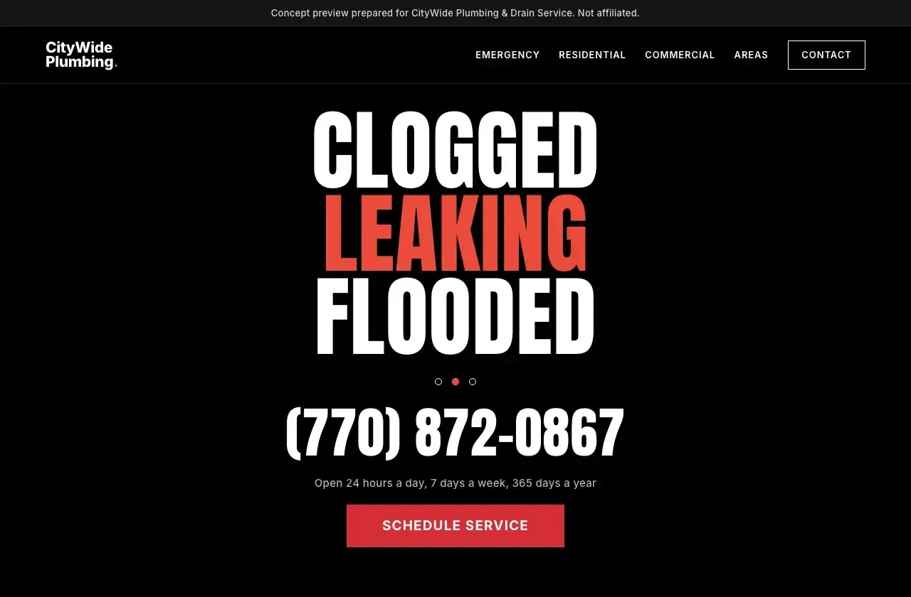 The live bold-type home page: Clogged, Leaking and Flooded stacked in huge white and red letters on black, above the phone number and a red Schedule service button.